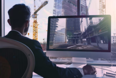 A person is using a computer and explaining the building construction